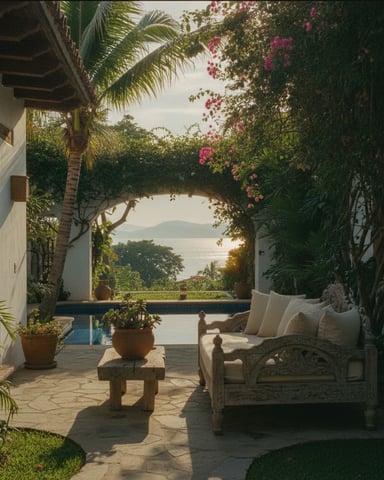 Tropical courtyard with stone daybed, pool, flowering vines, and ocean view through archway