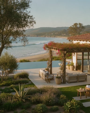 Coastal villa with terracotta roof, wooden pergola with pink flowers, infinity pool, and sandy beach with ocean view